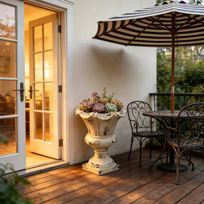 Antique White 21.5" MGO Garden Urn Planter, Vintage Hand-Painted Scalloped Edge with Drainage Hole