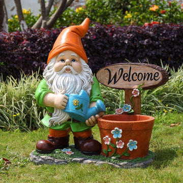Gnome Flower Pot Planter, Whimsical Resin Garden Statue with Welcome Sign