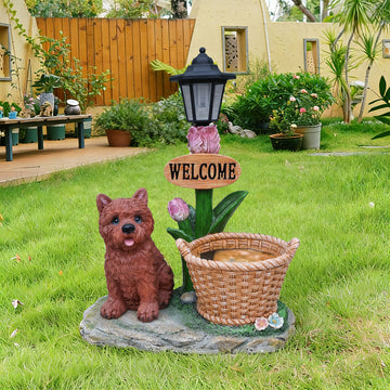 Solar Puppy Planter Statue, Whimsical Garden Decor with Welcome Sign & Auto Light