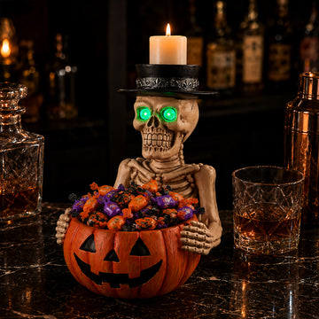 Halloween Skeleton Figurine with Pumpkin Candy Bowl & Candle Holder – Spooky Glowing Green Eyes, Gothic Black Top Hat, Resin Tabletop Decor for Halloween Parties, Trick-or-Treat & Entryway Display