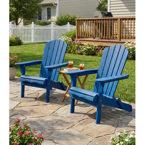 Folding Wooden Adirondack Chair with Embossed Grain, Solid Wood Patio Chair, Navy