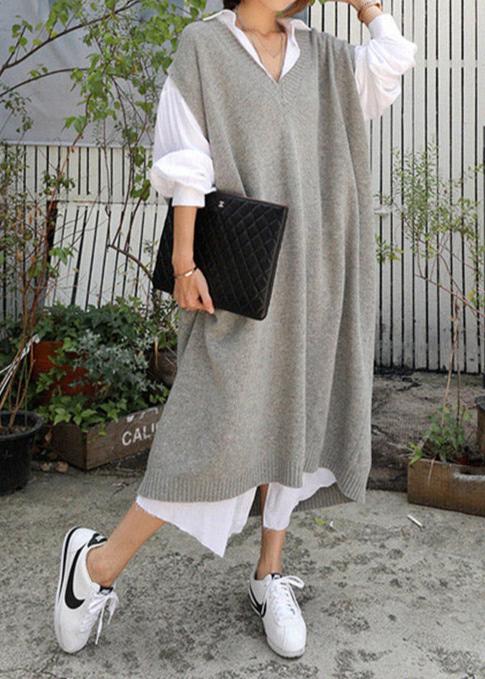 Plus Size Grey V Neck Knit Long Dress Short Sleeve