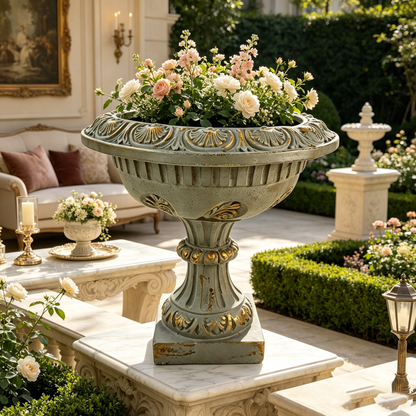 21.65" MGO Garden Urn Planter, Antique Blue Roman Pedestal Flower Pot with Drainage Hole