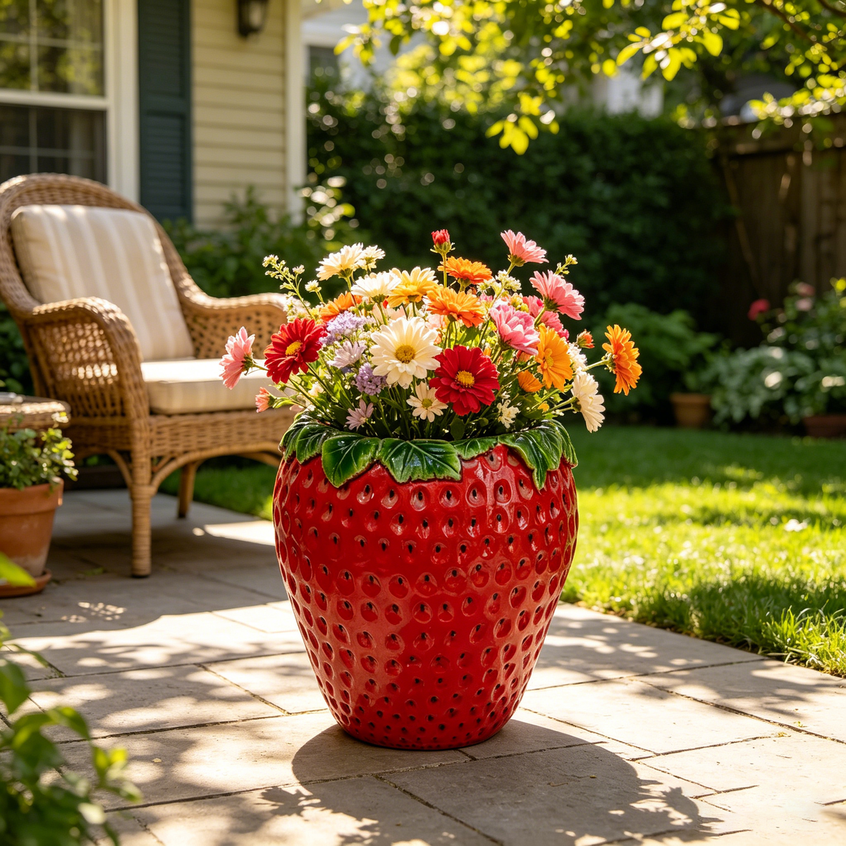 15" Strawberry Shaped Planter Pot, Lifelike Resin Flower Vase for Patio, Yard & Tabletop Decor