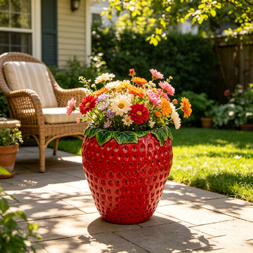 Lifelike 15" Strawberry Shaped Planter Pot – Cute Fruit Resin Flower Vase with 3D Seed Texture & Green Leaf Rim, Weatherproof Outdoor Garden Pot for Patio, Porch, Yard, Entryway & Tabletop Decor