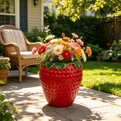 15" Strawberry Shaped Planter Pot, Lifelike Resin Flower Vase for Patio, Yard & Tabletop Decor