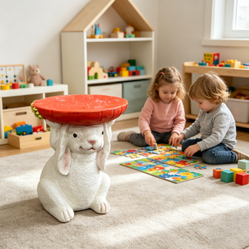 Whimsical Resin Bunny Side Table with Carrot Top – 13.4" Hand-Painted Rabbit Plant Stand & Kids' Stool, Cute Indoor Outdoor Garden Decor for Playroom, Patio & Living Room