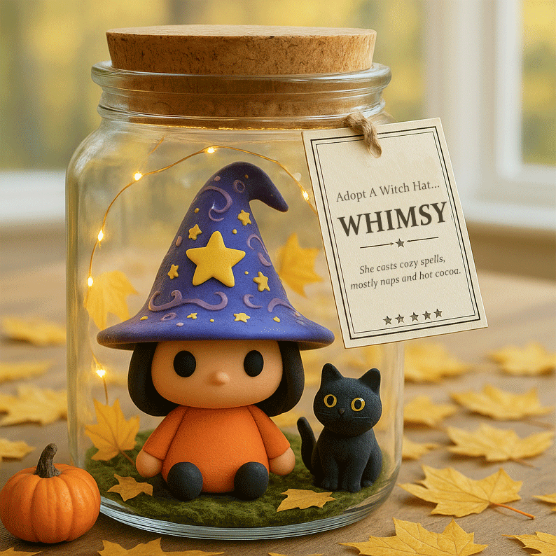 Adopt A Witch Hat Jar — Meet Whimsy and Her Black Cat