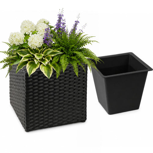 11" Black Cubic Planter Box, Resin Wicker Square Pot with Insert for Patio & Porch