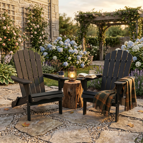 Folding Wooden Adirondack Chair with Embossed Grain, Solid Wood Patio Chair, Black