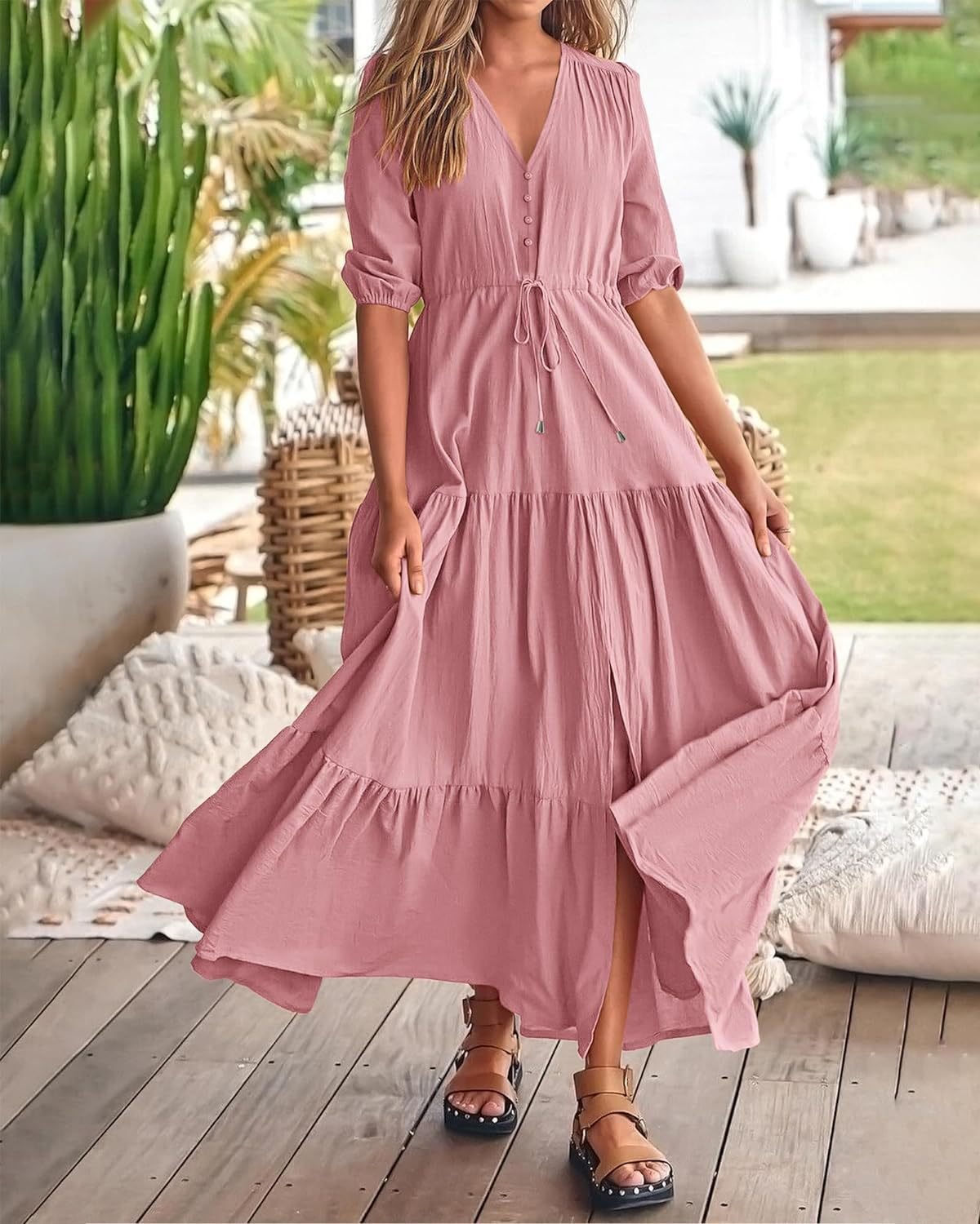 Women's Short Sleeves Drawstring Boho Long Dresses