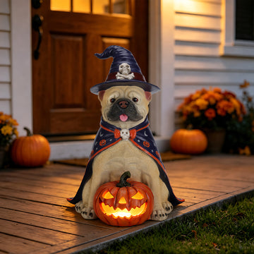 Halloween Bulldog Witch Statue, Sitting Dog Figurine with LED Light Up Pumpkin