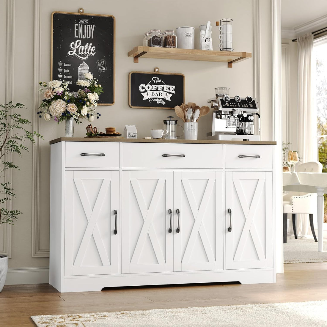 Drawer-equipped buffet-style cabinet, 55-inch large side cabinet-style storage unit with shelves and 4 doors, modern country-style coffee bar-style cabinet, wooden kitchen and dining room storage unit, white/rustic style