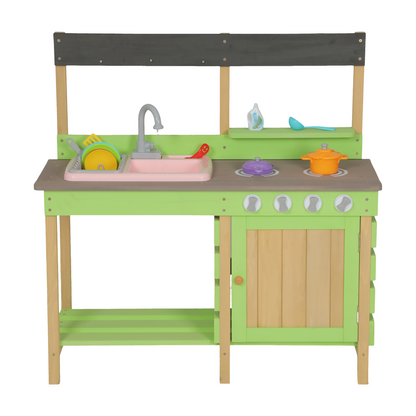 Kids Outdoor Wooden Mud Kitchen with Water Play Sink & Cooking Toys, Gift for 3-8