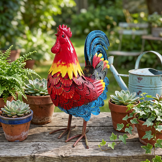 Wrought Iron Rooster Statue, Colorful Metal Garden Sculpture for Lawn & Farm Decor