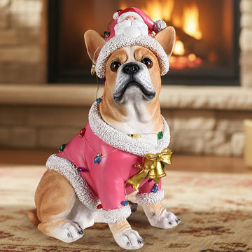 Christmas Bulldog Statue, Holiday Dog Figurine in Pink Santa Outfit