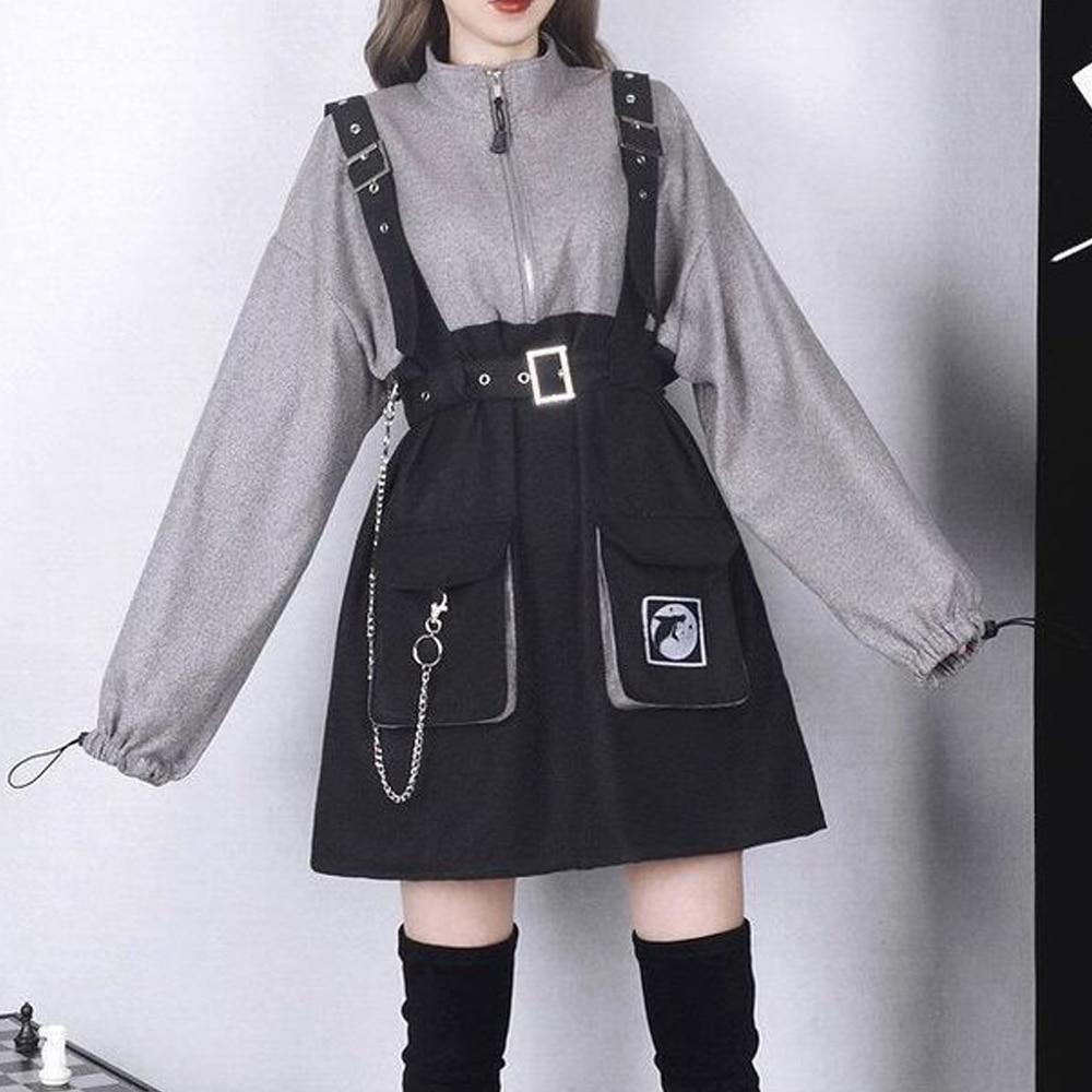 Punk Zipper Chain Pocket Sweatshirt Dress