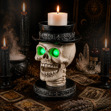 Halloween Skull Candle Holder with Glowing Green Eyes – Gothic Laughing Skeleton Head Statue with Black Top Hat & Carved Silver Trim, Spooky LED Tabletop Decor for Halloween Parties, Home Bar & Dark Home Decor
