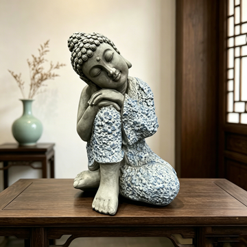 Serene Sleeping Buddha Statue – 16.34" Resin Meditating Figurine with Blue Floral Robe, Weatherproof Zen Garden Decor for Patio, Home Meditation Space & Yoga Studio