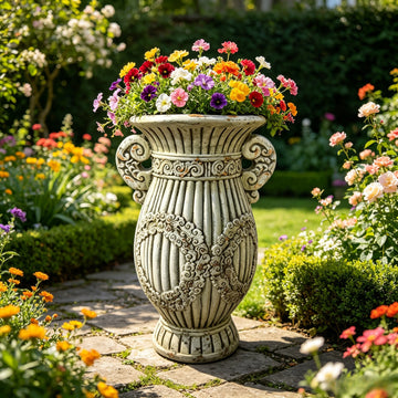 Vintage 21" Antique Rustic MGO Garden Urn Planter – Classical Amphora Flower Pot with Handles, Carved Floral Relief & Weathered Finish, Heavy-Duty Outdoor Indoor Tall Vase for Patio, Porch, Garden Path & Landscape Decor