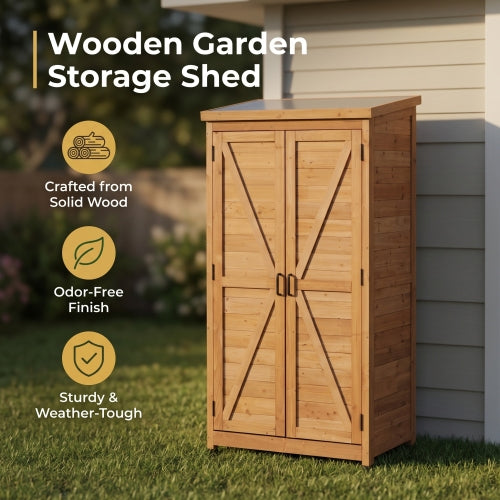 Tall Outdoor Wooden Storage Cabinet, Vertical Tool Shed for Patio & Garden