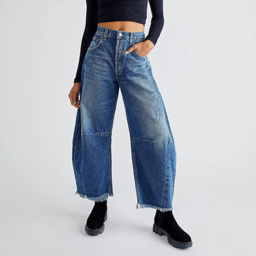 High-waisted Loose-fitting Raw Edge Jeans