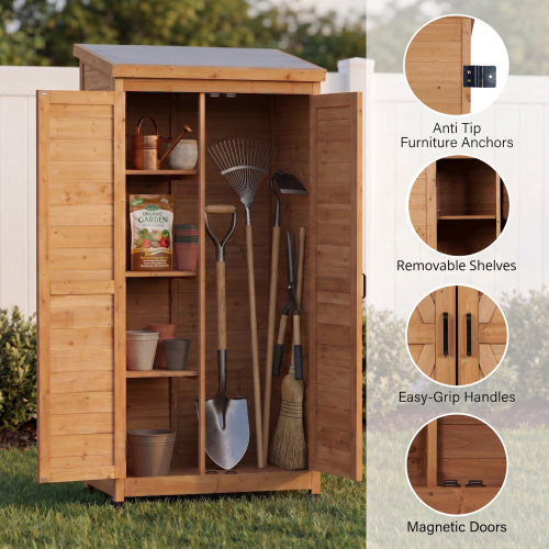 Tall Outdoor Wooden Storage Cabinet, Vertical Tool Shed for Patio & Garden