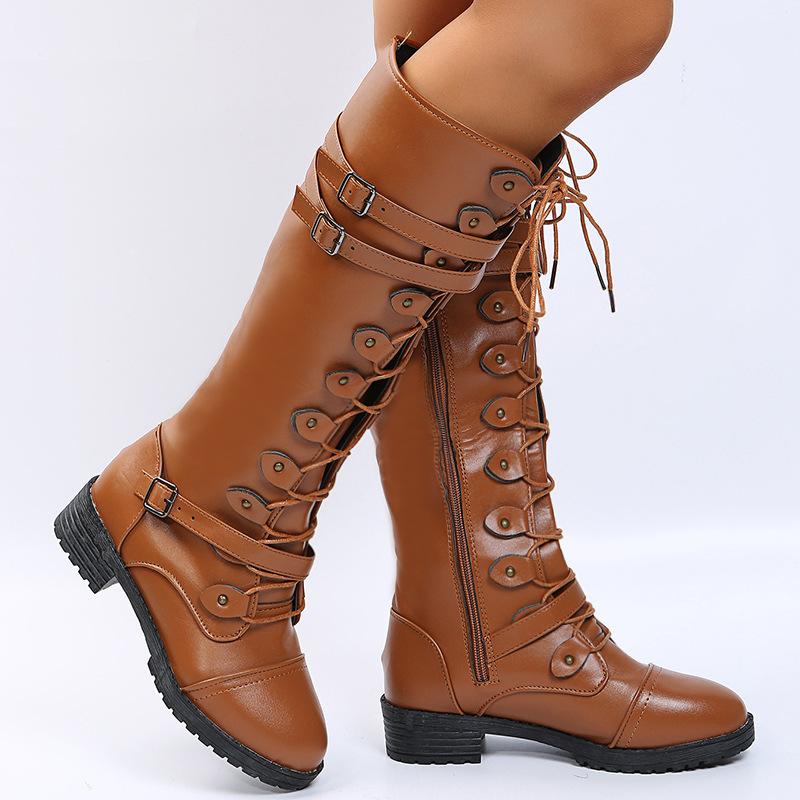 Lace-up tall knight boots low heel