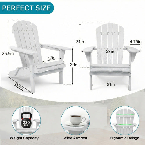 Folding Wooden Adirondack Chair with Embossed Grain, Solid Wood Patio Chair, White