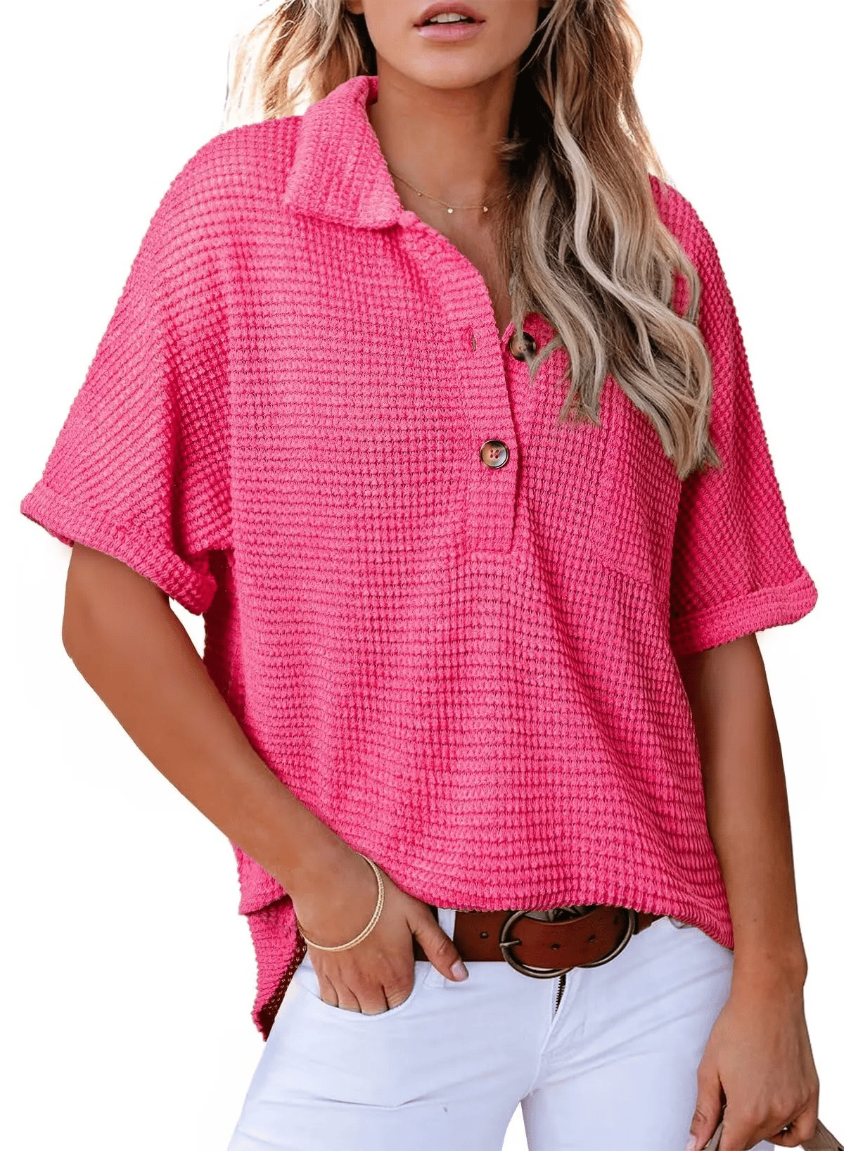 Women's Waffle Knit Short Sleeve Tunic Henley Shirts