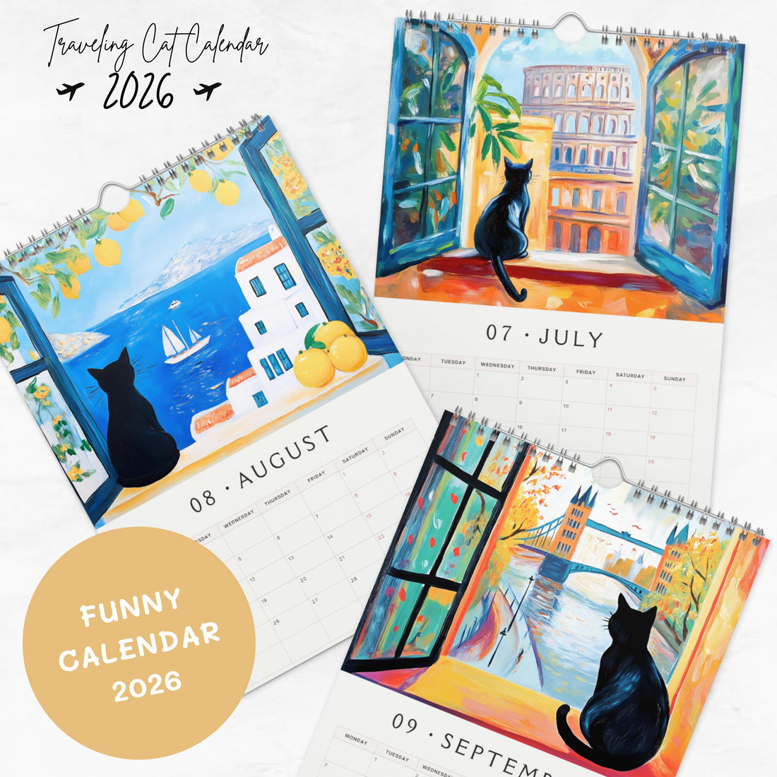 2026 Funny Traveling Black Cat Calendar - Monthly Planner, Travel Lover Gift