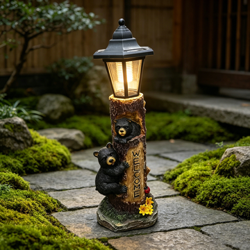 Solar Powered Bear Garden Statue with Light – 19" Resin "WELCOME" Tree Trunk with Two Climbing Cubs, Auto On/Off Outdoor Decorative Lamp for Patio, Lawn, Yard, Porch & Pathway