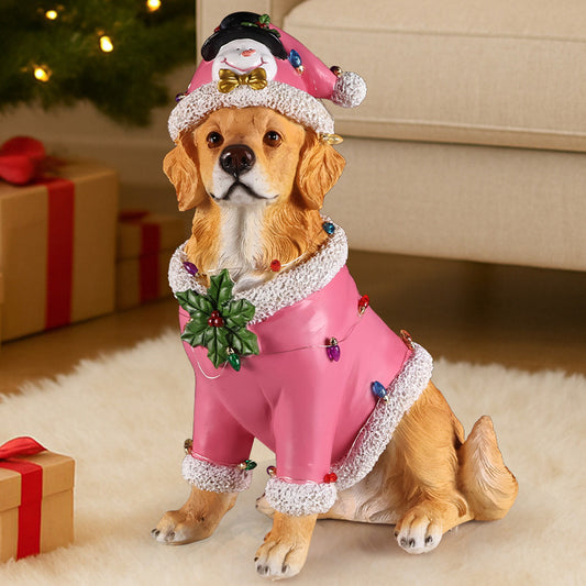 Christmas Golden Retriever Statue, Holiday Dog Figurine in Pink Santa Outfit