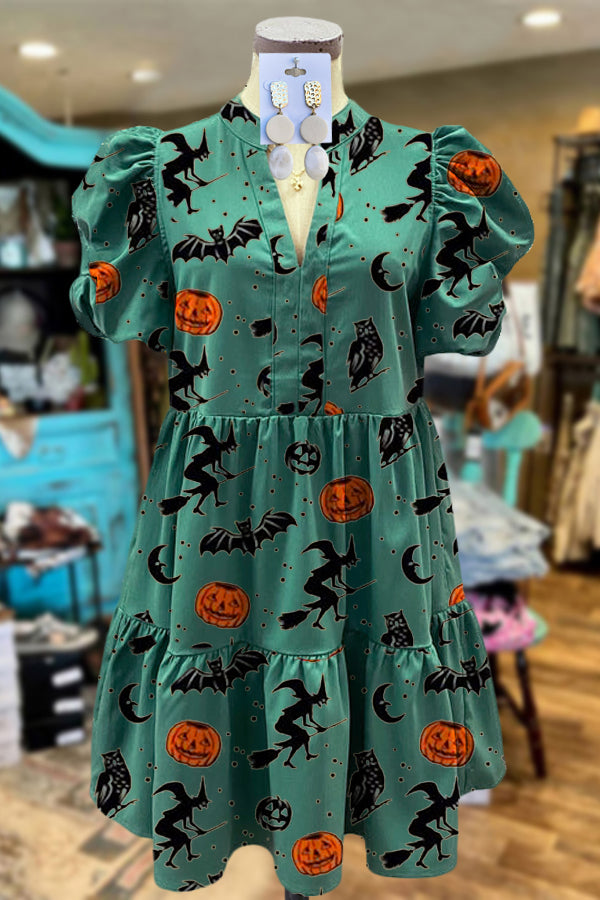 Elegant Puff Sleeve Pumpkin Print Midi Dress