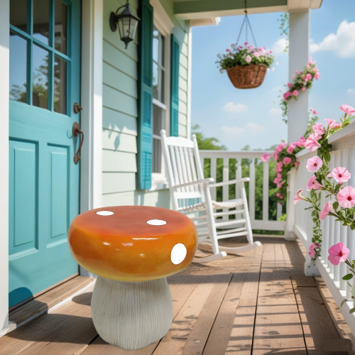 13.4" Oversized Mushroom Stool, Heavy-Duty Resin Side Table in Red, Orange & Green for Patio