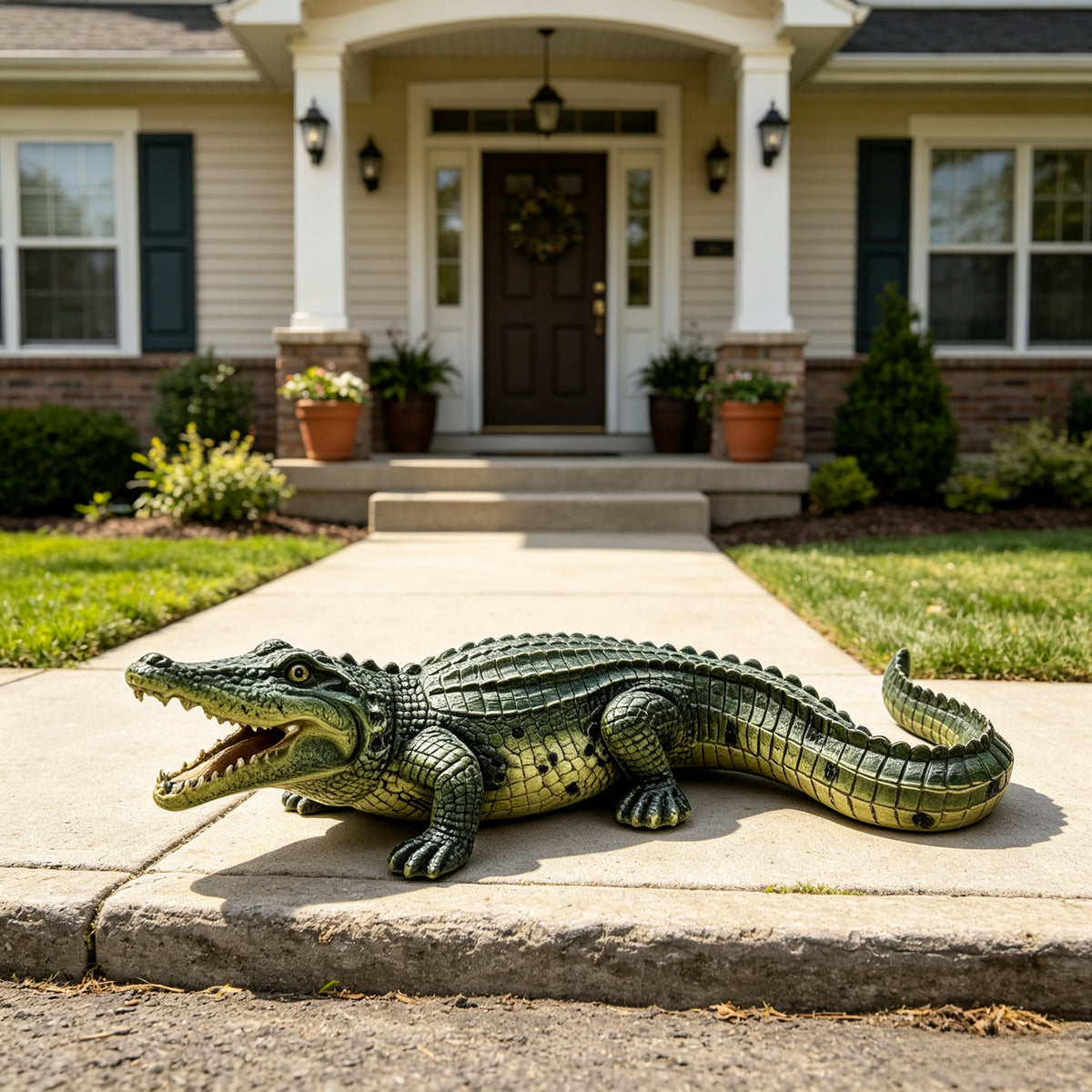 23" Lifelike Resin Crocodile Statue, Hand-Painted Alligator with Open Mouth for Patio & Garden