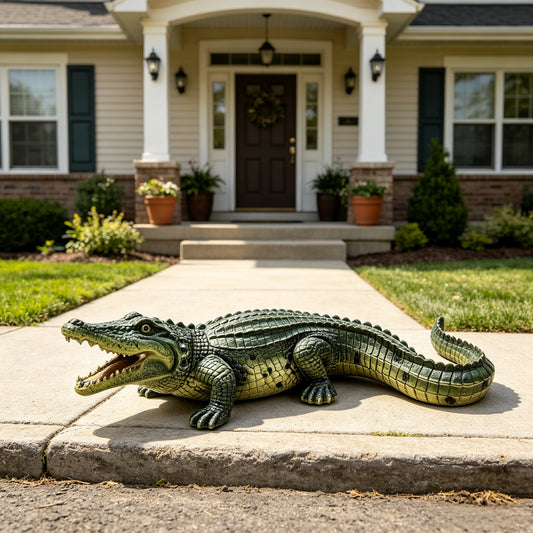 23" Lifelike Resin Crocodile Statue, Hand-Painted Alligator with Open Mouth for Patio & Garden