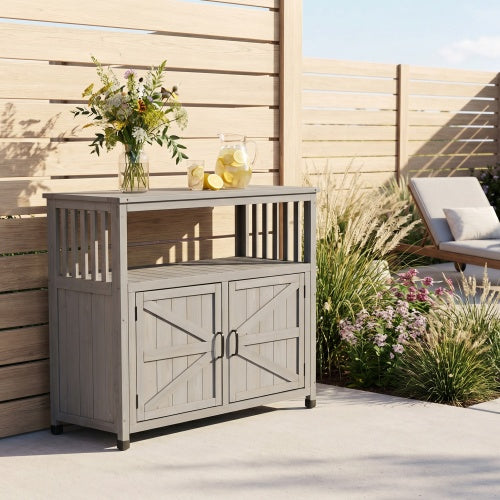 Wooden Outdoor Buffet Cabinet with Storage, Grey Patio Bar Table & Sideboard