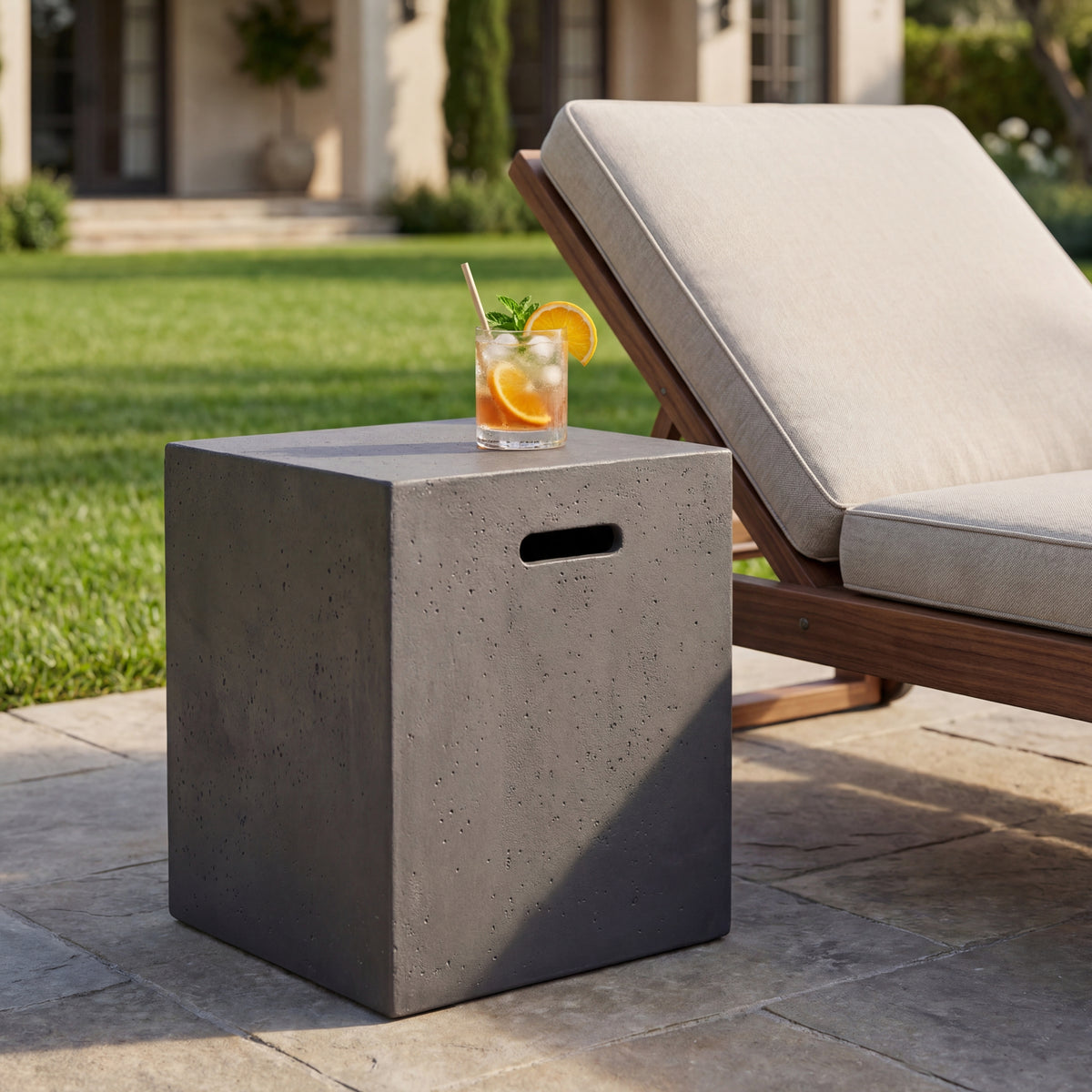 Modern MGO Tank Holder Side Table, 20.25" Dark Grey Concrete Outdoor Storage Cub