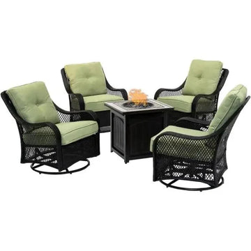 5-Piece Steel Patio Fire Pit Conversation Set with Navy Blue Cushions, Swivel Gliders and Square Fire Pit Table