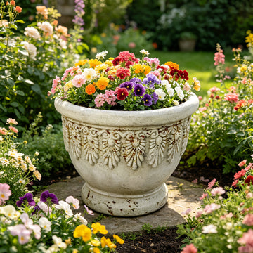 Vintage 15.7" Antique Rustic MGO Garden Urn Planter – Hand-Painted Weathered Stone Finish with Classic Shell & Leaf Relief, Heavy-Duty Outdoor Wide Flower Pot for Patio, Front Porch, Tabletop & Landscape Decor