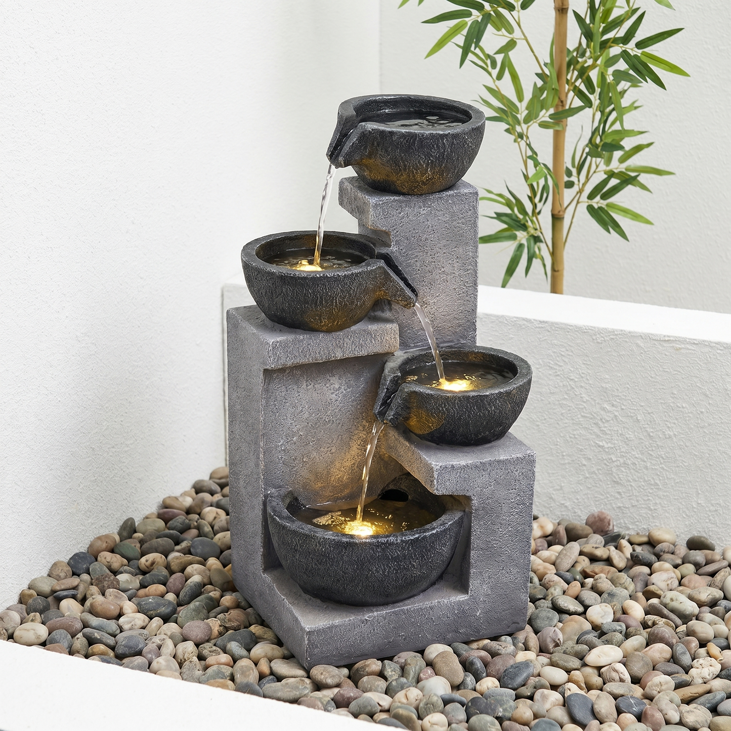 Modern 4-Tier Bowl Waterfall Fountain, 20.9" LED Lighted Resin Garden Water Feature