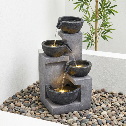 Modern 4-Tier Bowl Waterfall Fountain, 20.9" LED Lighted Resin Garden Water Feature