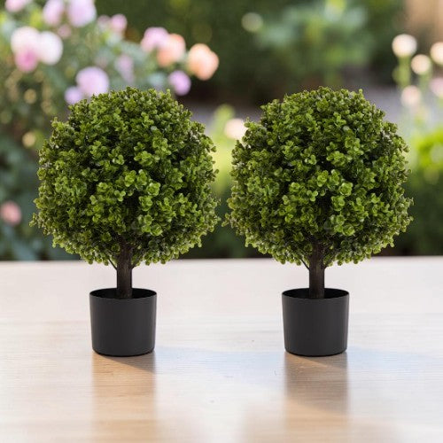 22" Artificial Boxwood Ball Topiary Trees, 2 Pack Faux Shrubs with Black Pots