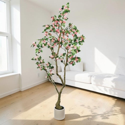 7FT Artificial Bougainvillea Tree, Tall Faux Pink Silk Flower Plant with White Pot