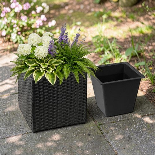 11" Black Cubic Planter Box, Resin Wicker Square Pot with Insert for Patio & Porch