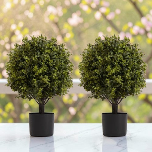 21.6" Artificial Ball Topiary Trees, 2 Pack UV-Protected Faux Boxwood Plants with Pots