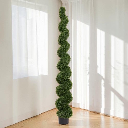 7FT Artificial Spiral Topiary Tree, Tall UV-Resistant Faux Boxwood Plant with Pot