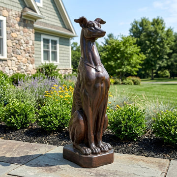 Greyhound Dog Garden Statue, Cast Stone Outdoor Decor with Dark Brown Finish