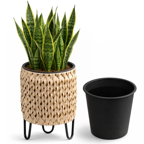 9.8" Polyrattan Planter with Stand, Natural Resin Wicker Pot with Steel Legs & PP Insert